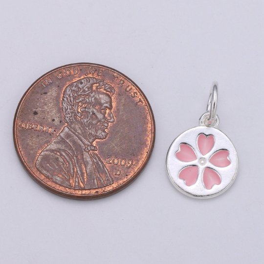 925 Sterling Silver Clover Charm, Round Disc Charm Pink Heart Charm for Necklace Bracelet Earring, Love Heart Charm, SL-HJ-40