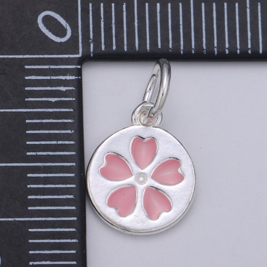 925 Sterling Silver Clover Charm, Round Disc Charm Pink Heart Charm for Necklace Bracelet Earring, Love Heart Charm, SL-HJ-40