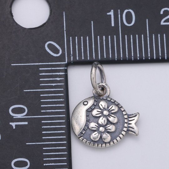 925 Sterling Silver Flower FIsh Charm, Animal Charm Silver Flower Charm for Necklace Bracelet Earring, Floral Charm SL-173 - DLUXCA