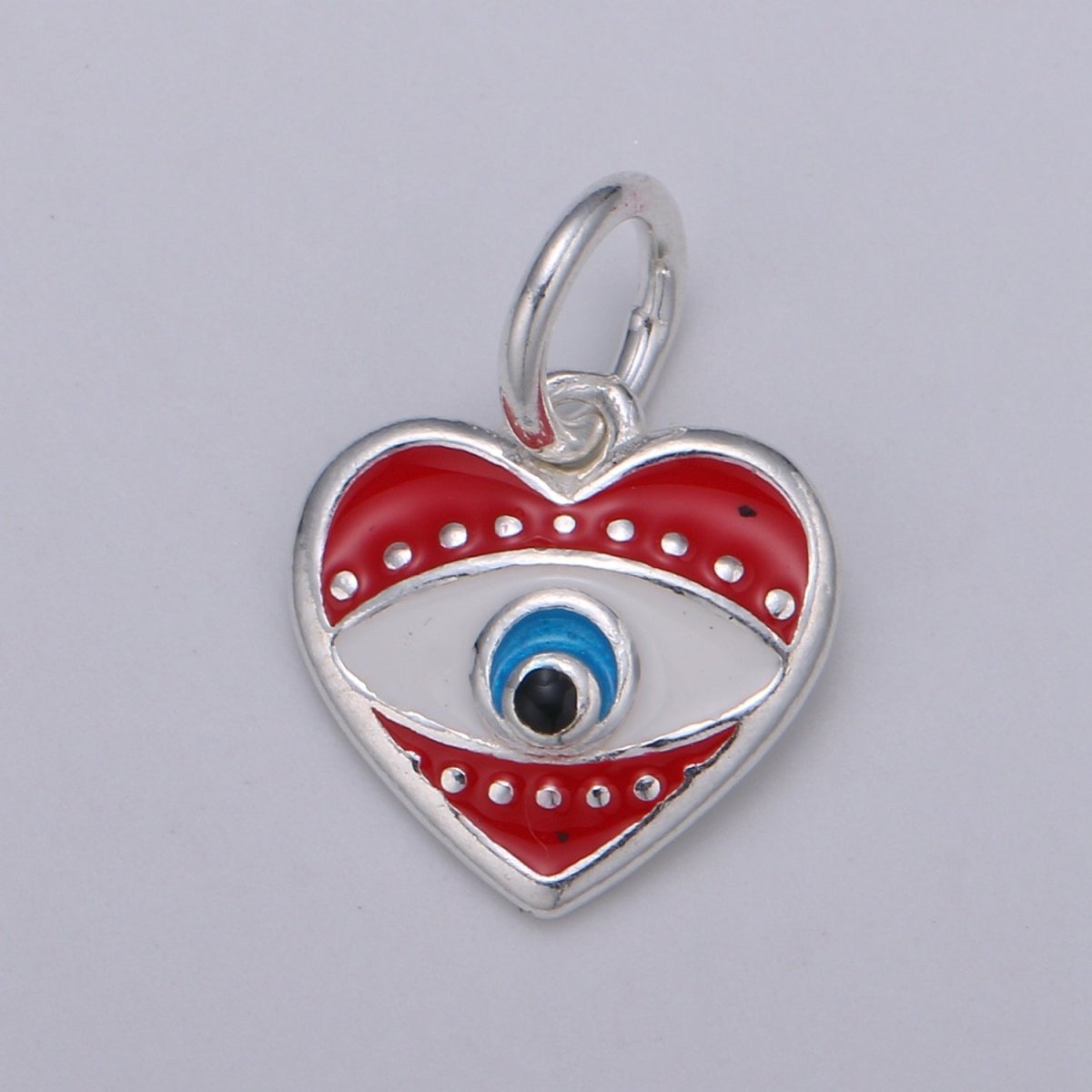 925 Sterling Silver Heart Enamel Evil Eye Charm, Black Red eye pendant, Enamel eye Charm, Amulet Protection eye charm Love Medallion Pendant SL-041 SL-042 SL-043