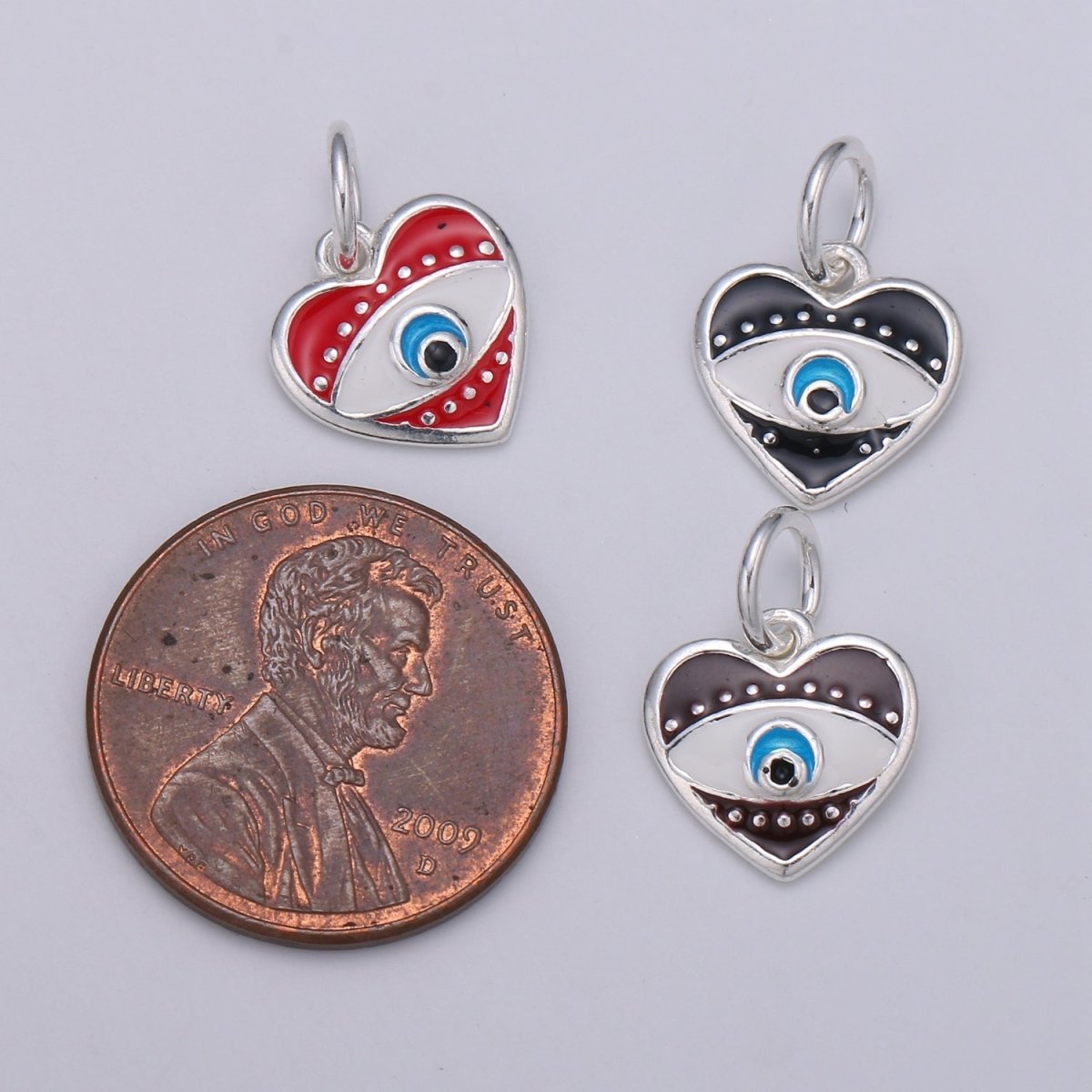 925 Sterling Silver Heart Enamel Evil Eye Charm, Black Red eye pendant, Enamel eye Charm, Amulet Protection eye charm Love Medallion Pendant SL-041 SL-042 SL-043