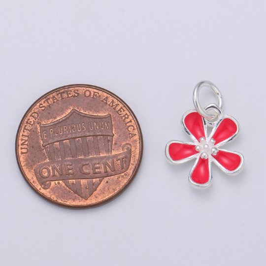 925 Sterling Silver Hot Red Flower Charm, Floral Charm Silver Flower Charm for Necklace Bracelet Earring, Red Jasmine Charm SL-048
