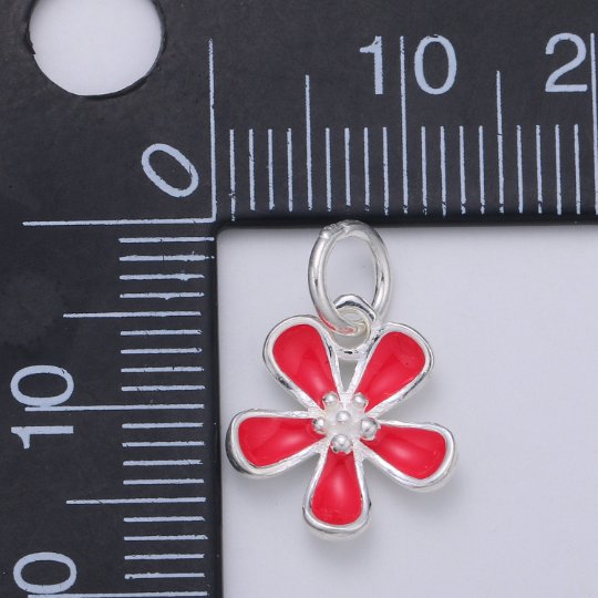 925 Sterling Silver Hot Red Flower Charm, Floral Charm Silver Flower Charm for Necklace Bracelet Earring, Red Jasmine Charm SL-048