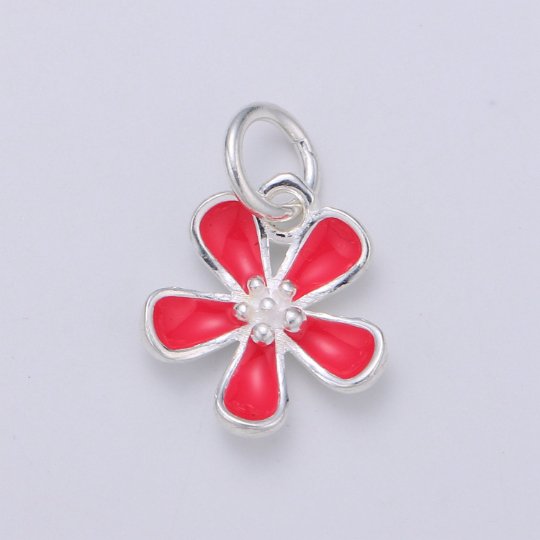 925 Sterling Silver Hot Red Flower Charm, Floral Charm Silver Flower Charm for Necklace Bracelet Earring, Red Jasmine Charm SL-048