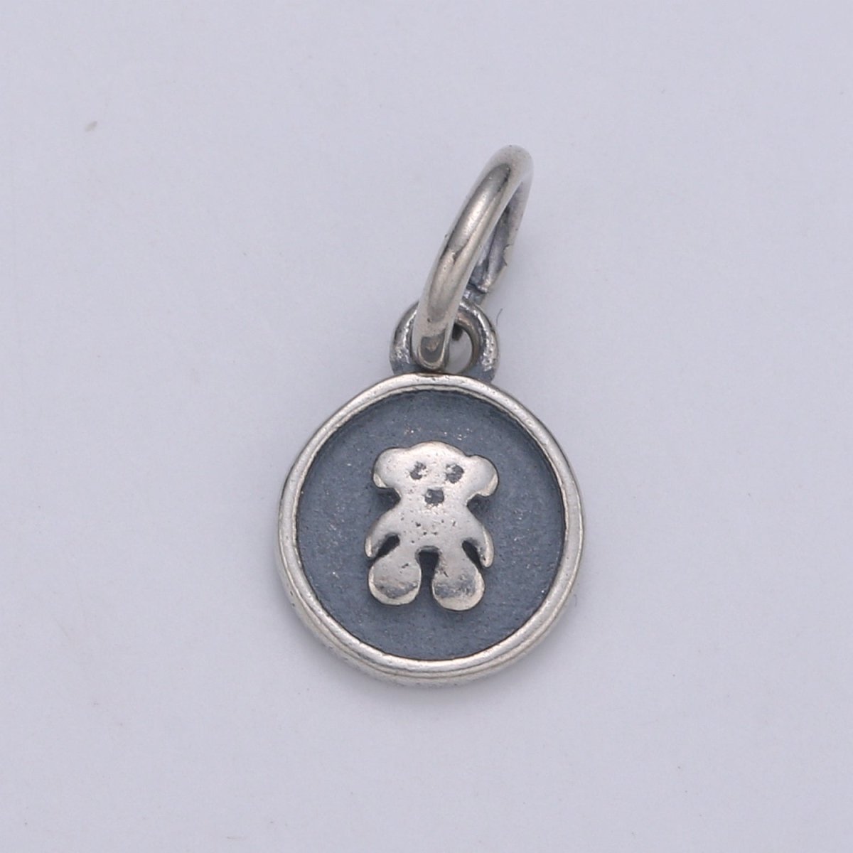 925 Sterling Silver Teddy Bear Charm, Antique Silver Bear Charm Circle Round Disc Charm for Necklace Bracelet Earring, Cute Charm SL-153