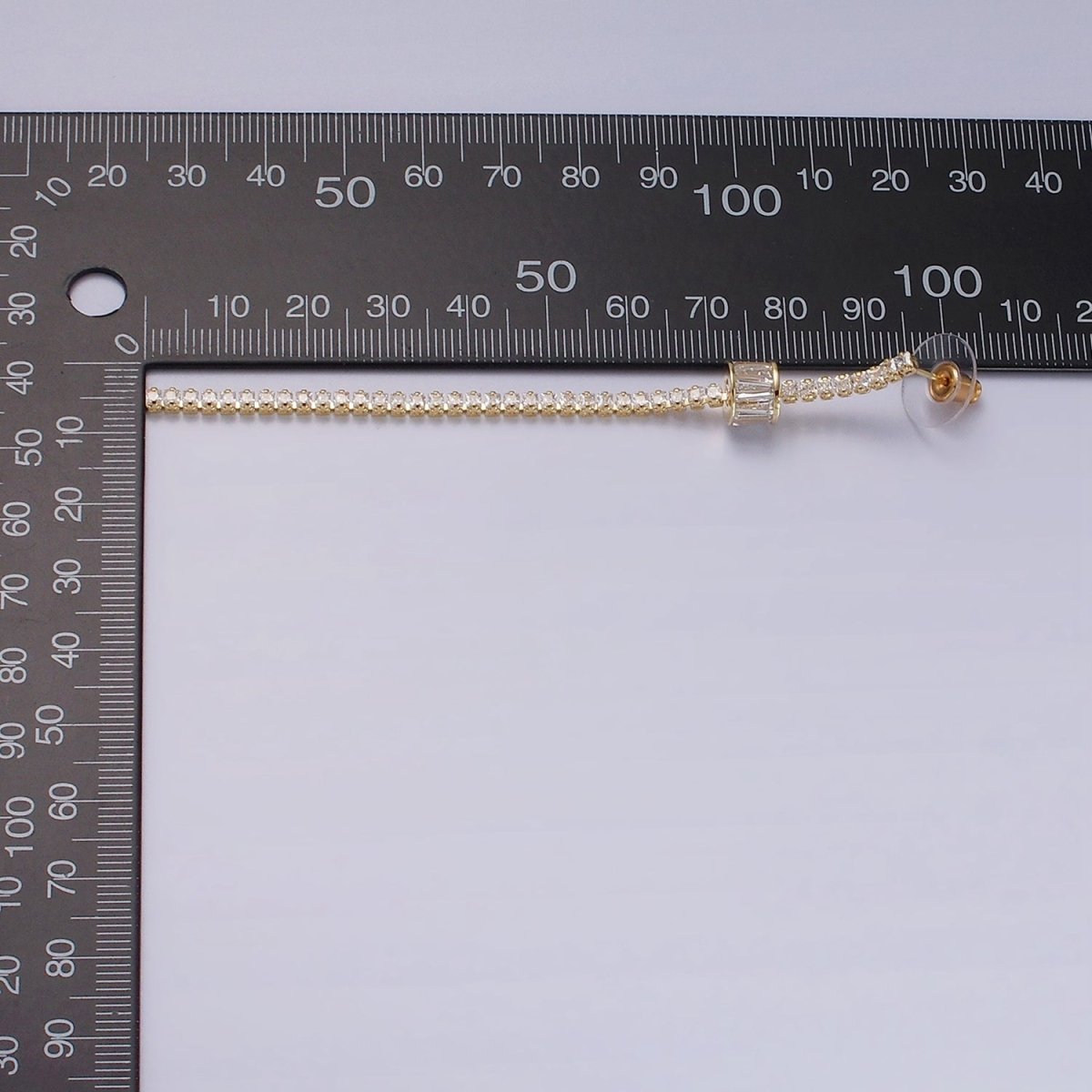 95mm Clear Cylinder Baguette CZ Linear Drop Stud Earrings in Gold & Silver | AE293 AE294