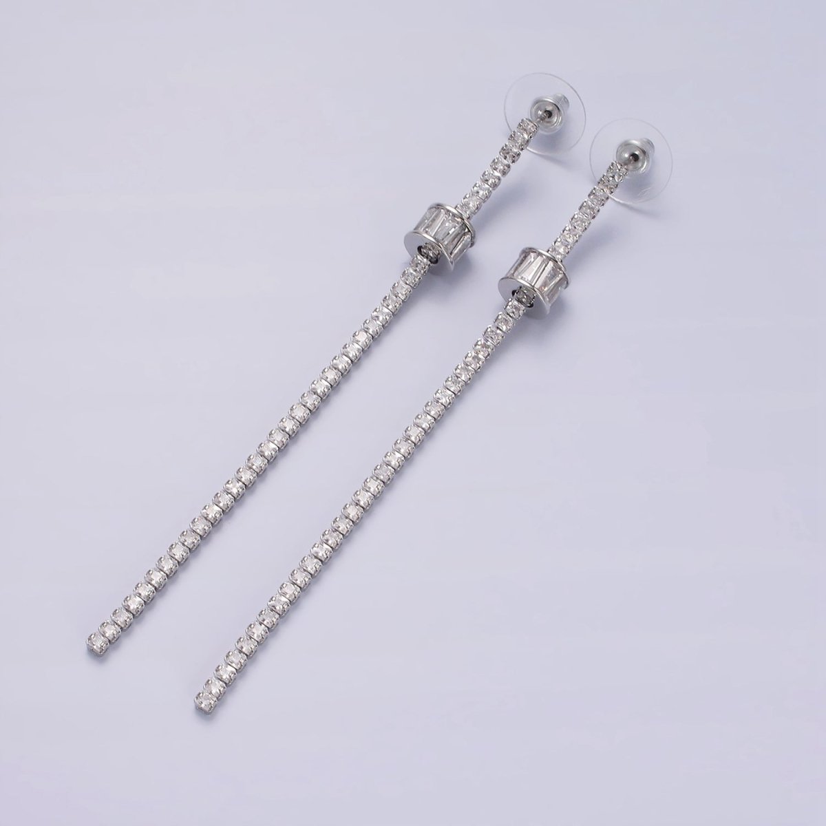 95mm Clear Cylinder Baguette CZ Linear Drop Stud Earrings in Gold & Silver | AE293 AE294