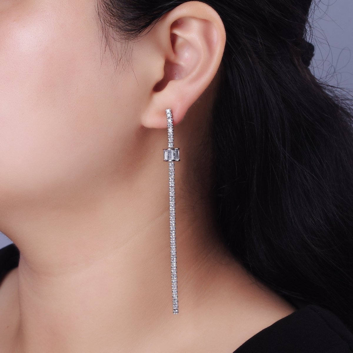 95mm Clear Cylinder Baguette CZ Linear Drop Stud Earrings in Gold & Silver | AE293 AE294