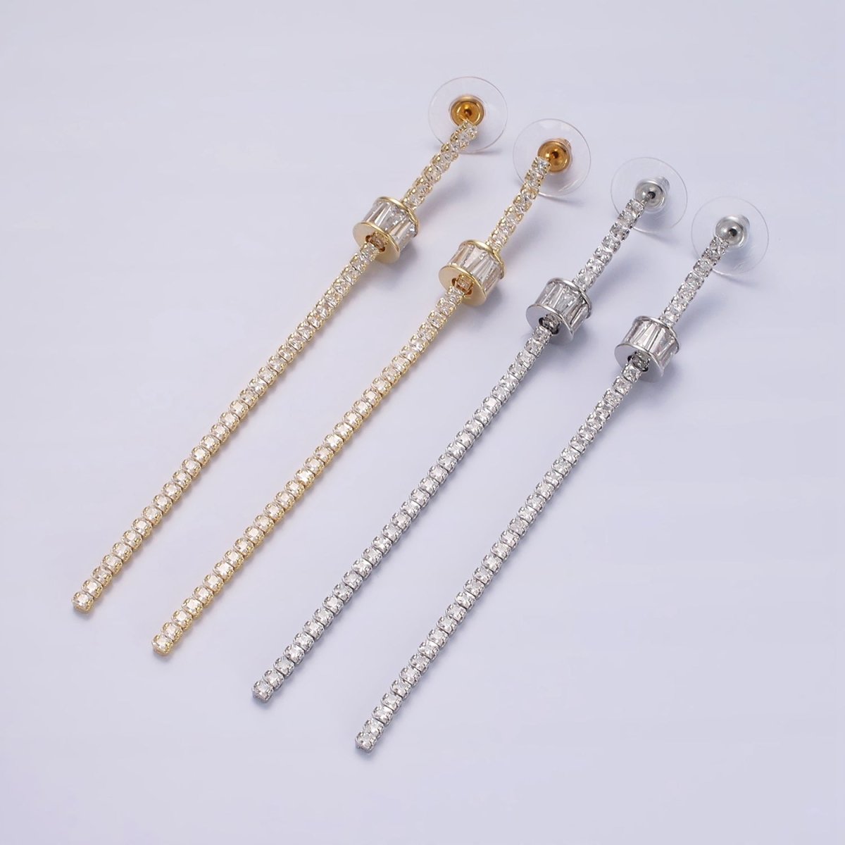95mm Clear Cylinder Baguette CZ Linear Drop Stud Earrings in Gold & Silver | AE293 AE294
