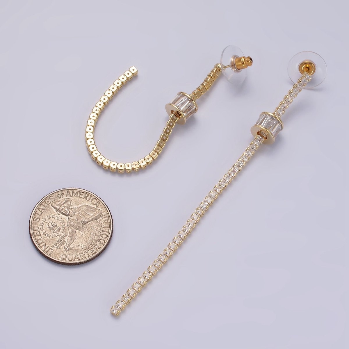 95mm Clear Cylinder Baguette CZ Linear Drop Stud Earrings in Gold & Silver | AE293 AE294