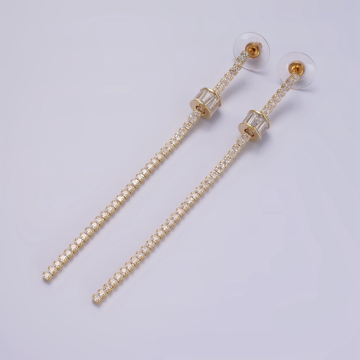 95mm Clear Cylinder Baguette CZ Linear Drop Stud Earrings in Gold & Silver | AE293 AE294