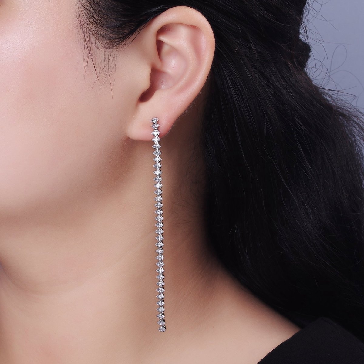 95mm Clear Marquise CZ Linear Drop Stud Earrings in Gold & Silver | AE285 AE286