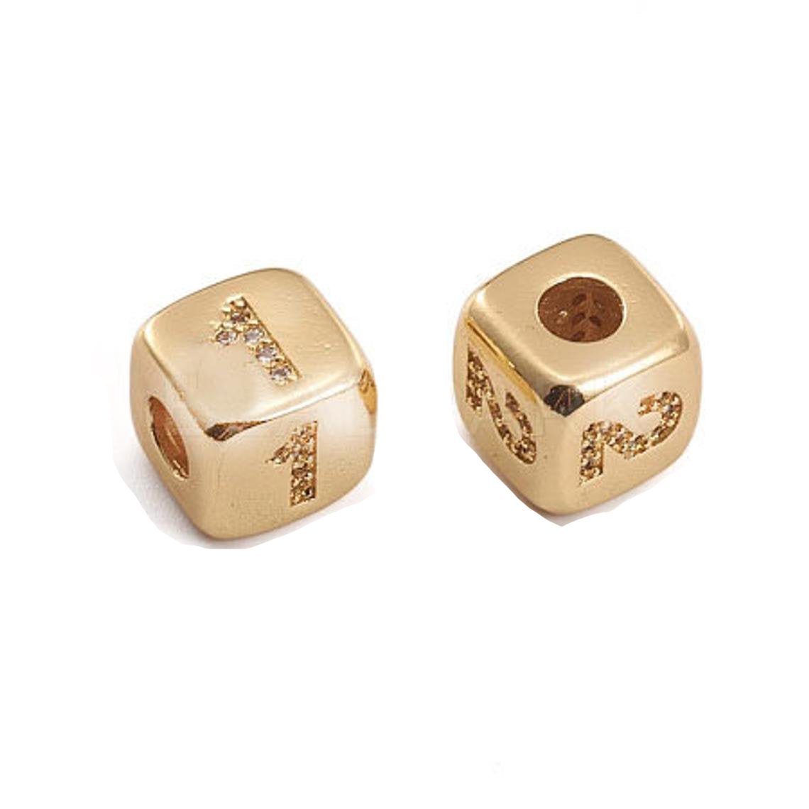 9mm Gold Initial Number Beads, 1,2,3,4,5,6,7 Beads, Arabic Number Beads Micro Pave Dice Block Charm for Bracelet Necklace Supply 0-9 year B-403 ~ B-412 - DLUXCA