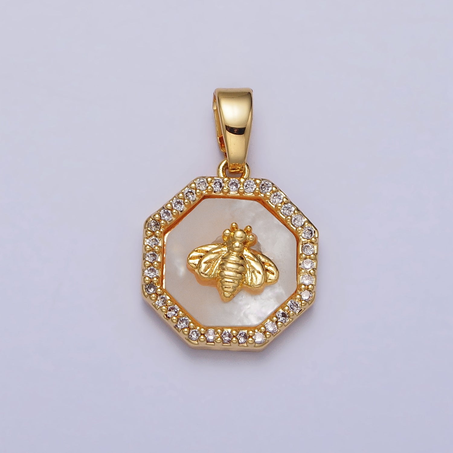 24K Gold Filled Bumble Queen Bee Micro Paved CZ Hexagonal Pendant | AA-106