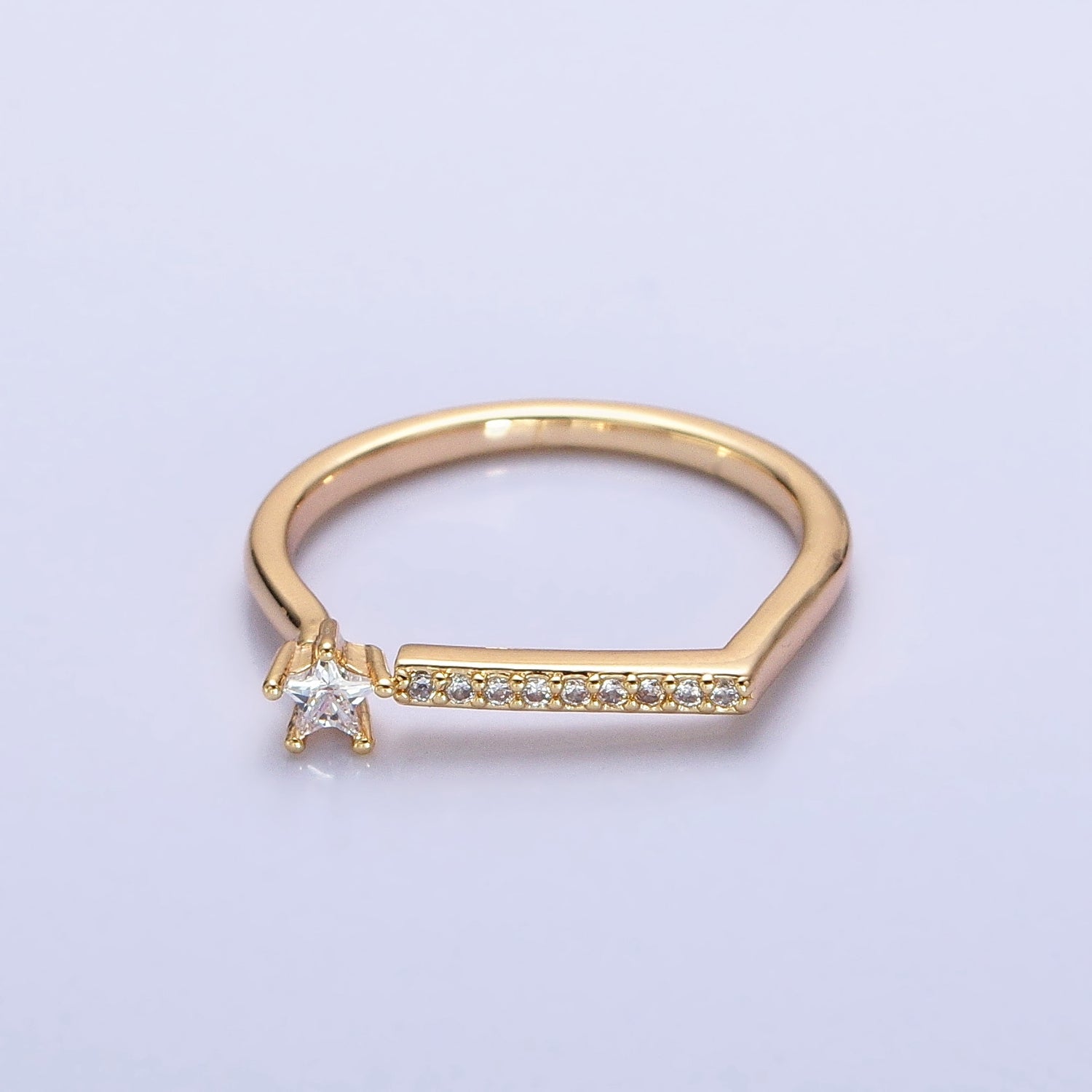 16K Gold Filled Micro Paved Flat Bar Celestial Star CZ Open Adjustable Ring in Gold & Silver | AA1095 AA1096 - DLUXCA