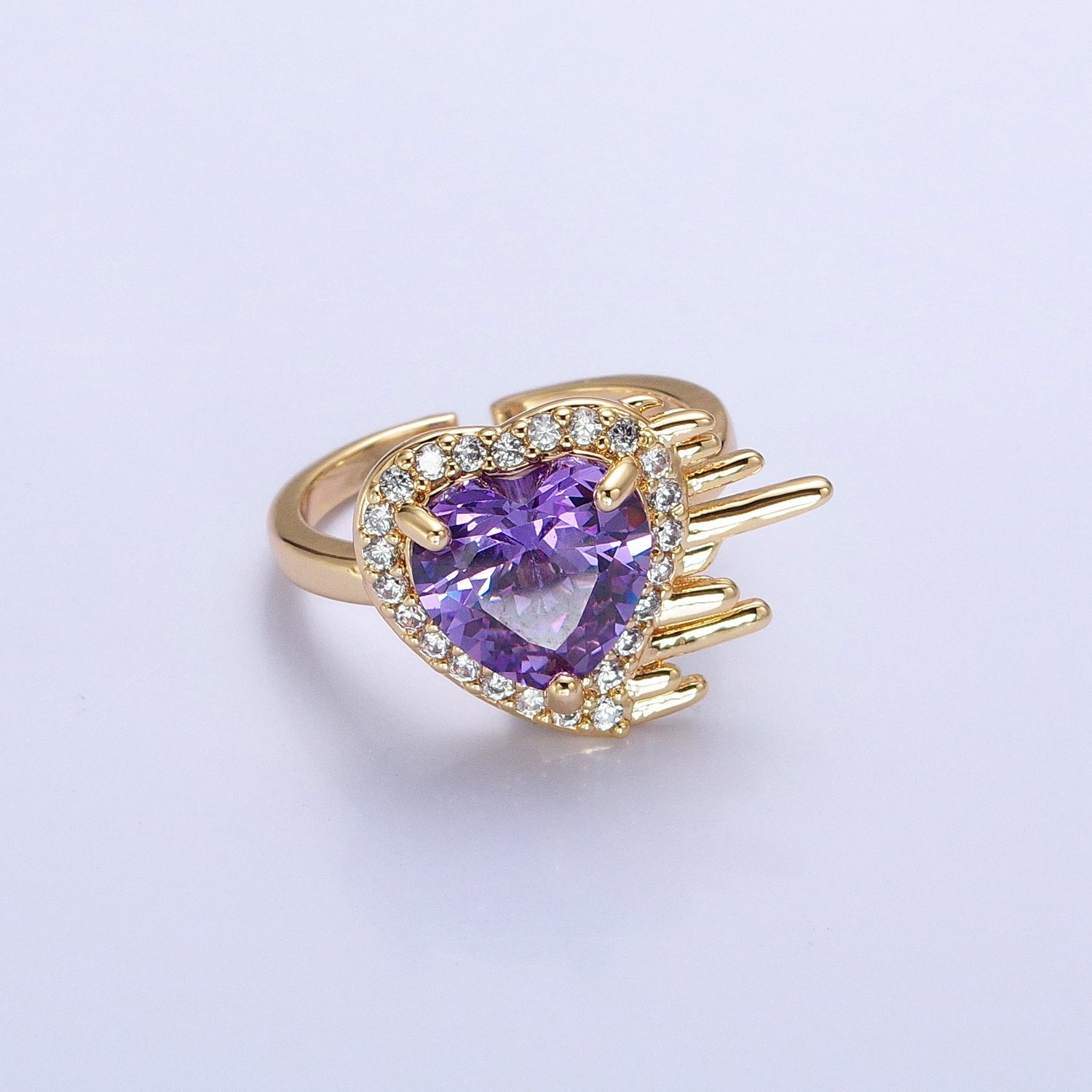 16K Gold Filled  Purple Heart Flying Swish Lined Micro Paved CZ Ring in Gold & Silver | AA1099 AA1100 - DLUXCA