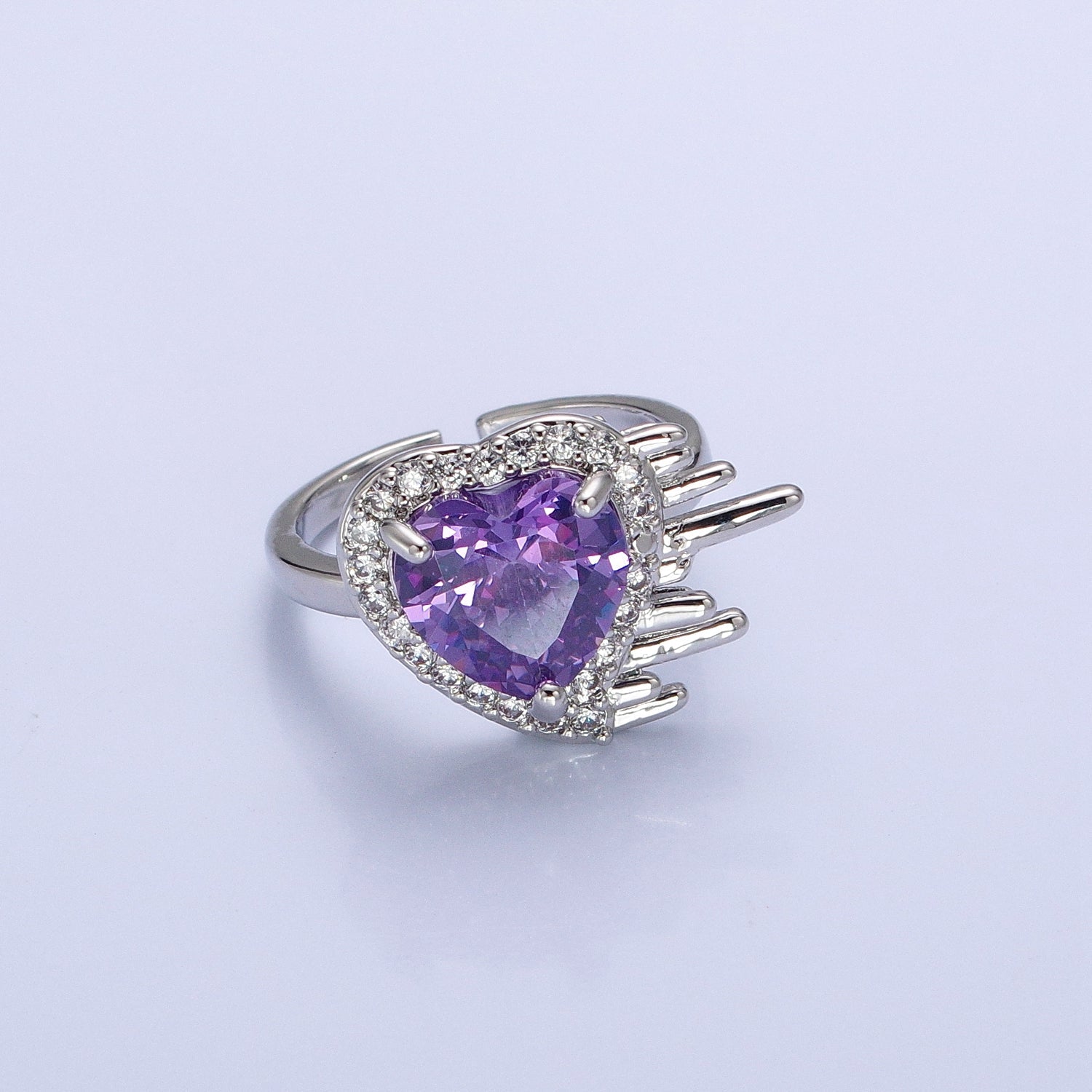 16K Gold Filled  Purple Heart Flying Swish Lined Micro Paved CZ Ring in Gold & Silver | AA1099 AA1100 - DLUXCA