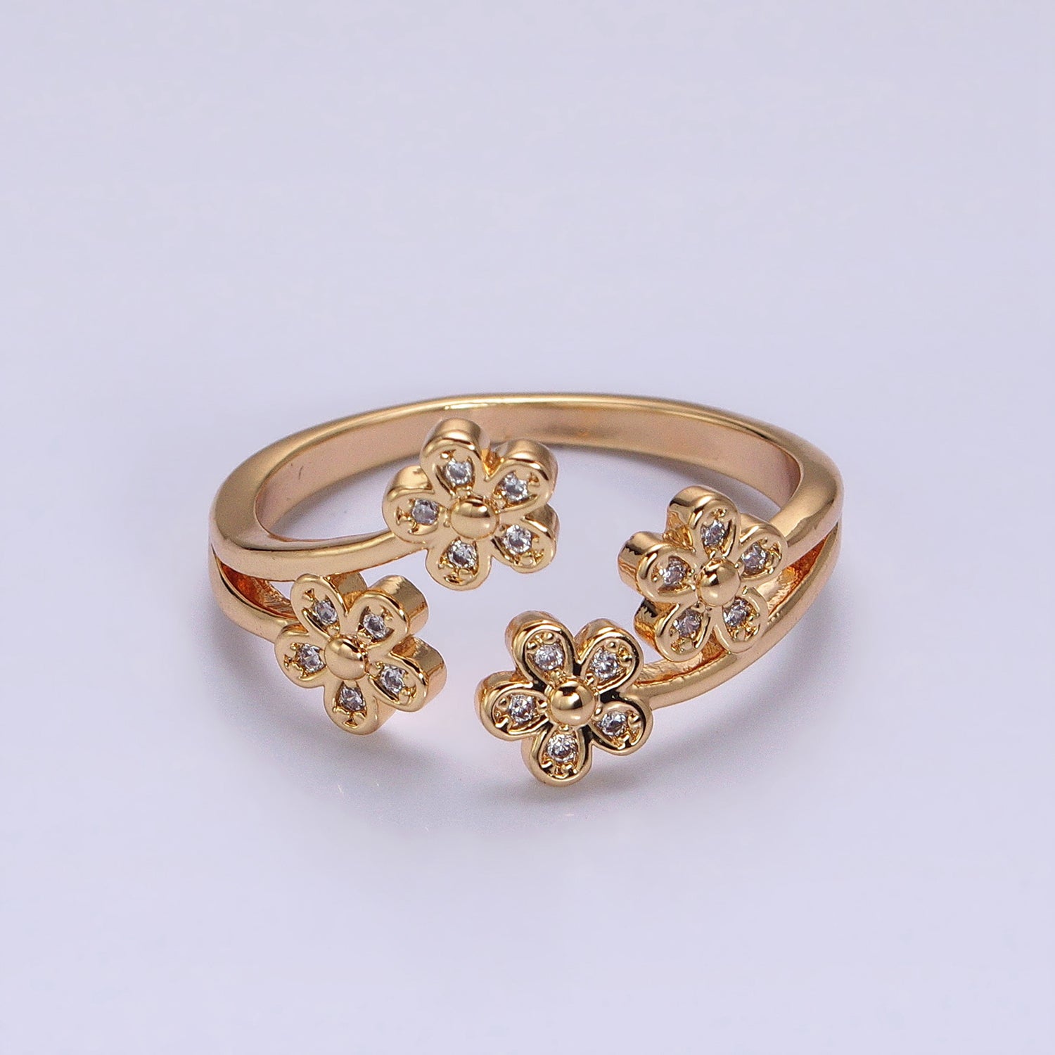 16K Gold Filled Multiple Daisy Flower Clear CZ Open Adjustable Ring | AA1234 - DLUXCA