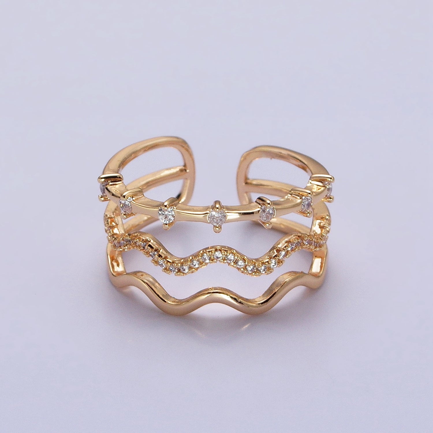 Dainty Gold Wavy Ring Triple Layer Gold Ring adjustable Minimalist Jewelry Stackable R-092 AA-1249