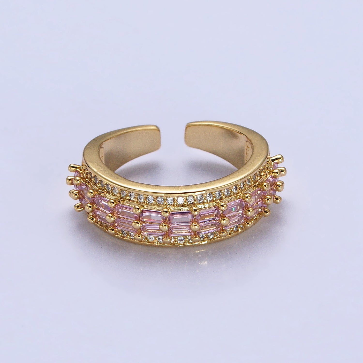 24K Gold Filled Black, Pink, Blue, Clear, Green, Fuchsia, Multicolor Baguette Micro Paved CZ Lined Ring in Gold & Silver | O-1821~O-1834