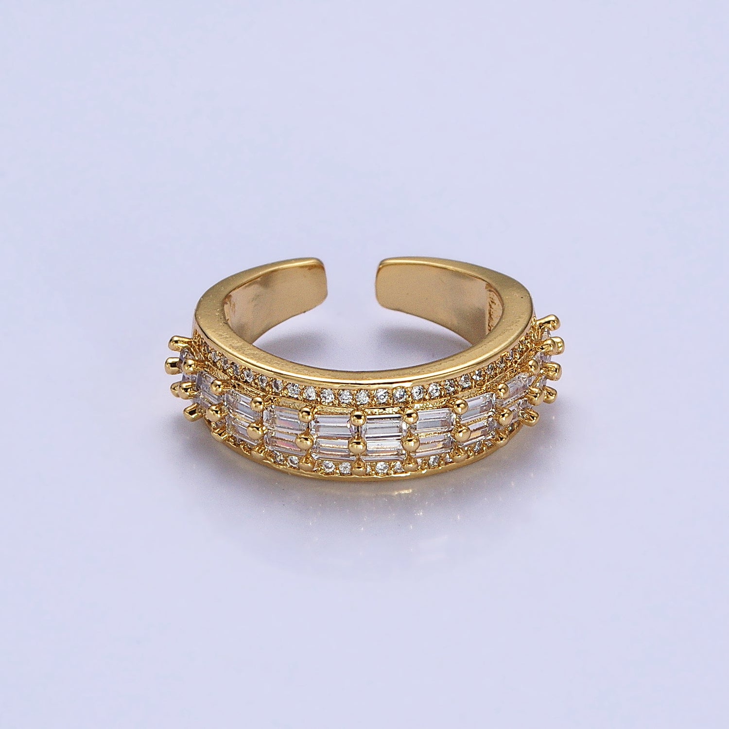 24K Gold Filled Black, Pink, Blue, Clear, Green, Fuchsia, Multicolor Baguette Micro Paved CZ Lined Ring in Gold & Silver | O-1821~O-1834
