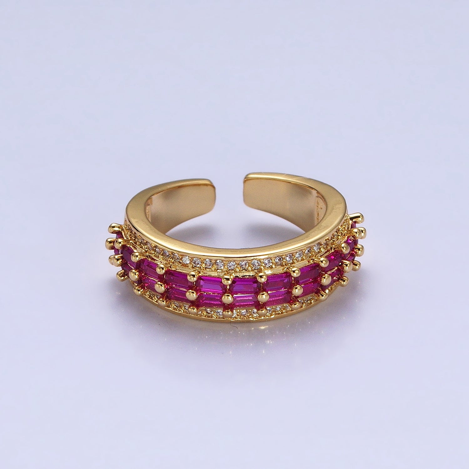 24K Gold Filled Black, Pink, Blue, Clear, Green, Fuchsia, Multicolor Baguette Micro Paved CZ Lined Ring in Gold & Silver | O-1821~O-1834
