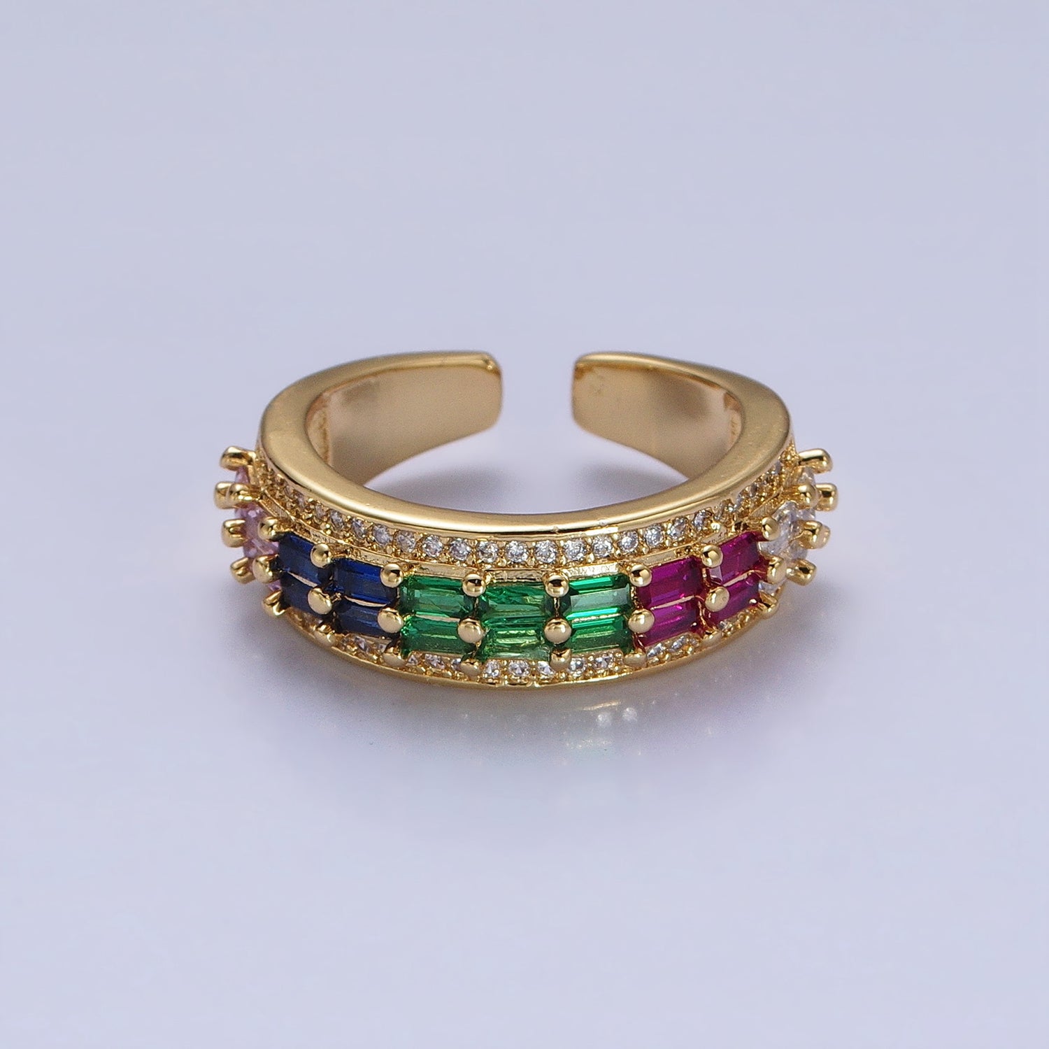 24K Gold Filled Black, Pink, Blue, Clear, Green, Fuchsia, Multicolor Baguette Micro Paved CZ Lined Ring in Gold & Silver | O-1821~O-1834