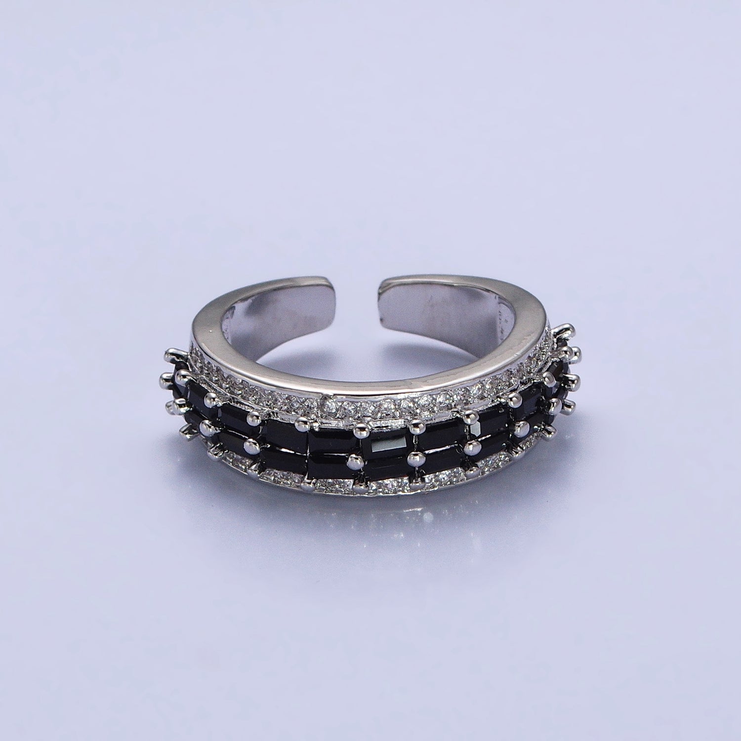 24K Gold Filled Black, Pink, Blue, Clear, Green, Fuchsia, Multicolor Baguette Micro Paved CZ Lined Ring in Gold & Silver | O-1821~O-1834