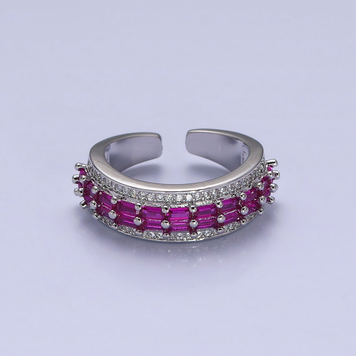 24K Gold Filled Black, Pink, Blue, Clear, Green, Fuchsia, Multicolor Baguette Micro Paved CZ Lined Ring in Gold & Silver | O-1821~O-1834