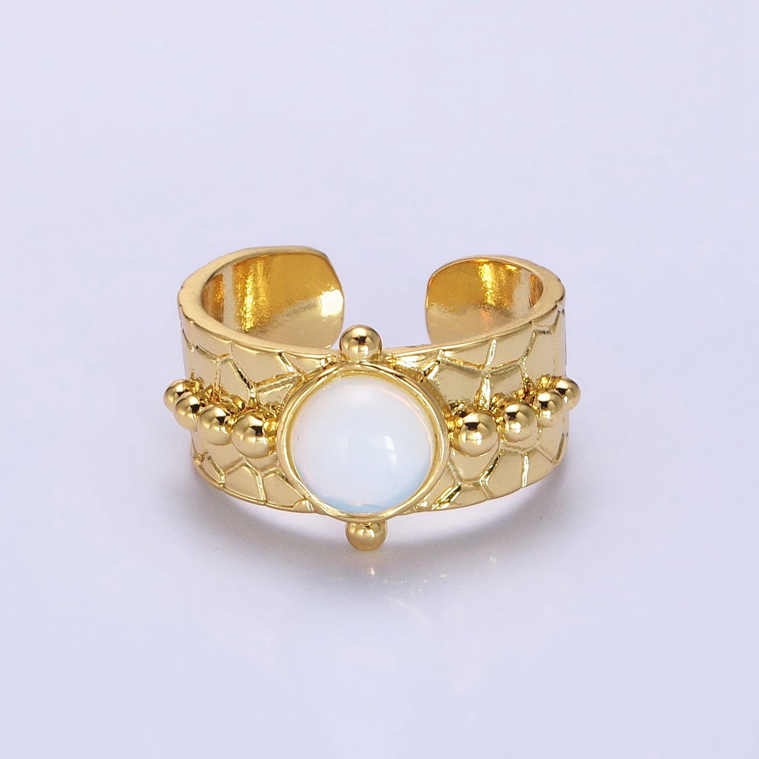 Magnesite, White Opal, Lapis Lazuli Natural Gemstone Beaded Lined Textured Gold Band Ring | O-1859 O-1860 O-1861