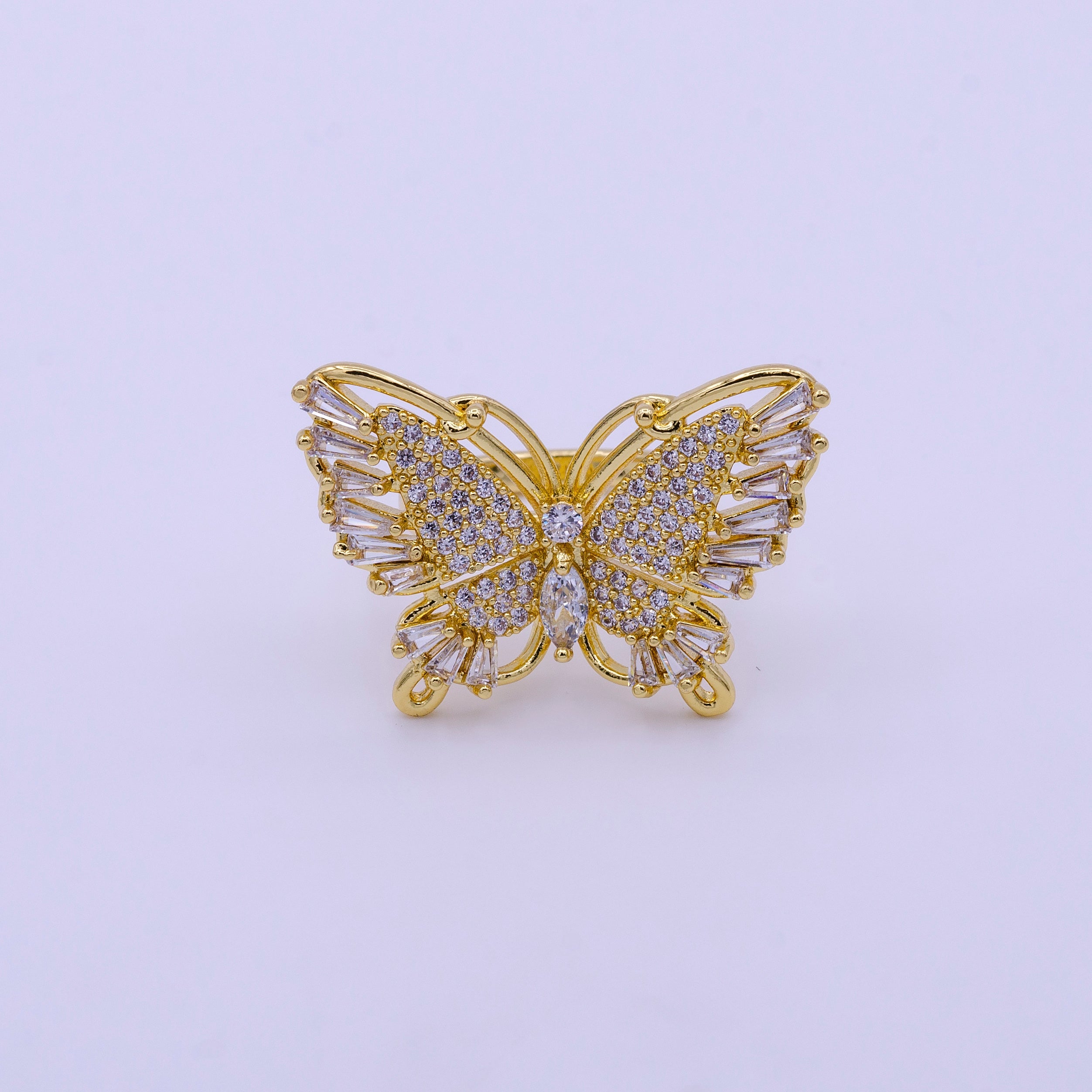 24K Gold Filled Antenna Monarch Butterfly Marquise Baguette Micro Paved Wings Ring | AA1321 - DLUXCA