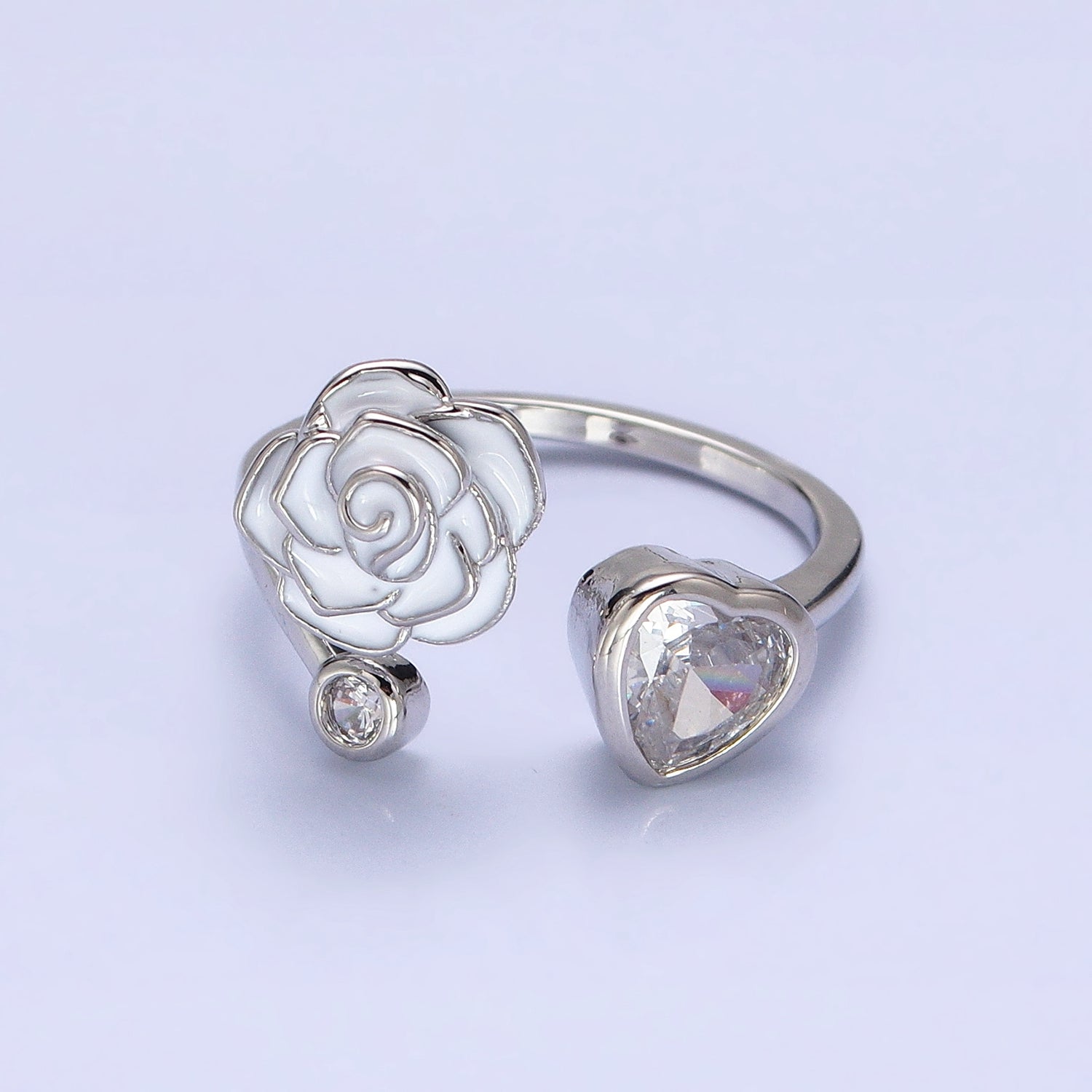 Silver, Gold Flower Rose White, Pink Enamel Clear CZ Open Ring | AA1322 AA1323, AA1336 AA1337 - DLUXCA