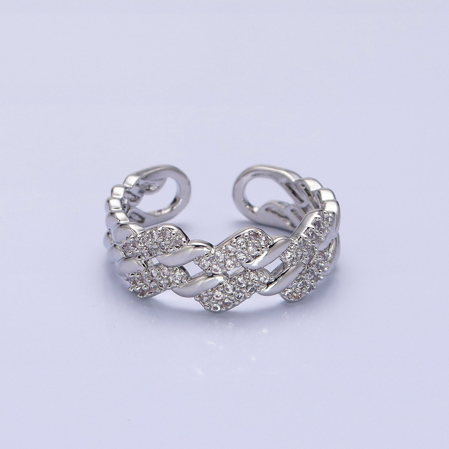 Silver, Gold Micro Paved Flat Curb Micro Paved CZ Chain Link Double Band Ring | AA1329, AA1343 - DLUXCA