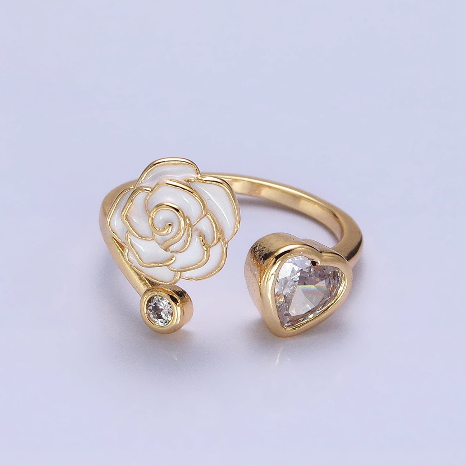 Silver, Gold Flower Rose White, Pink Enamel Clear CZ Open Ring | O-1884 O-1885 O-1886 O-1887