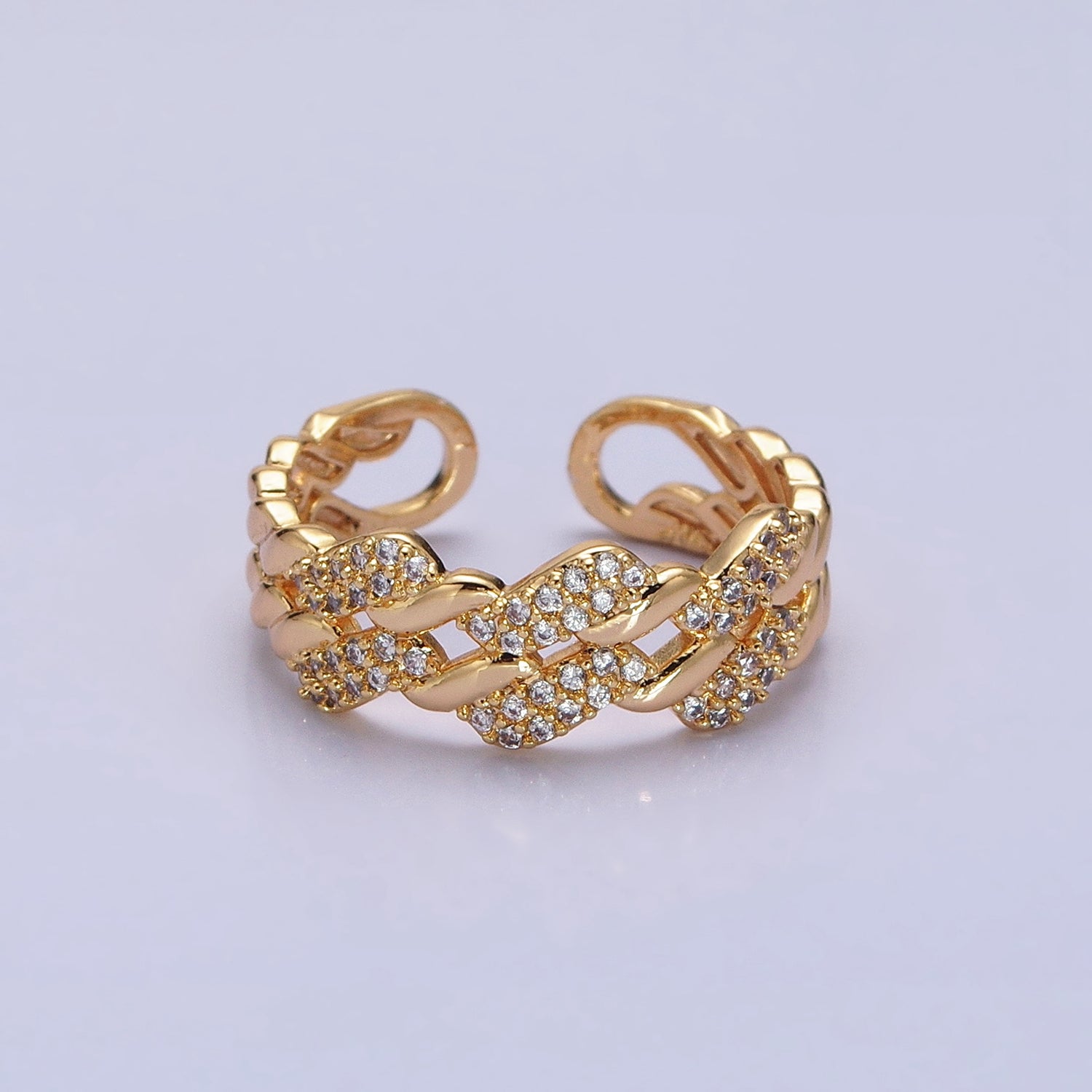 Silver, Gold Micro Paved Flat Curb Micro Paved CZ Chain Link Double Band Ring | AA1329, AA1343 - DLUXCA
