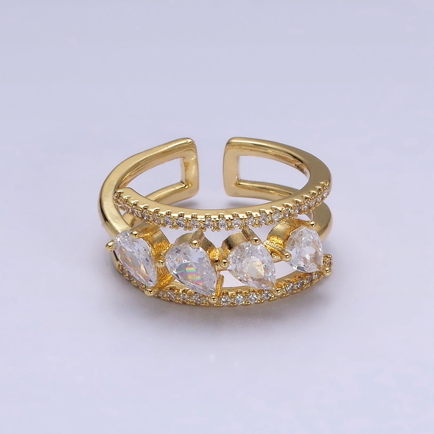 16K Gold Filled Clear Teardrop CZ Micro Paved Triple Band Ring in Gold & Silver | AA1445 AA1446 - DLUXCA