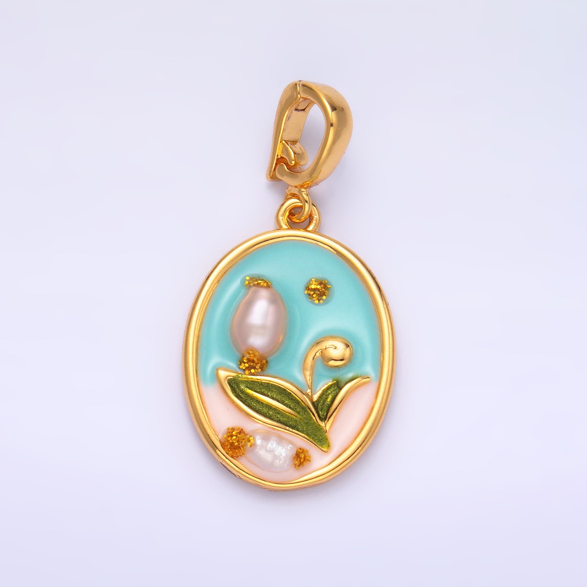 24K Gold Filled Blue Tulip Flower With Pearl Snap Bail Pendant | AA1468