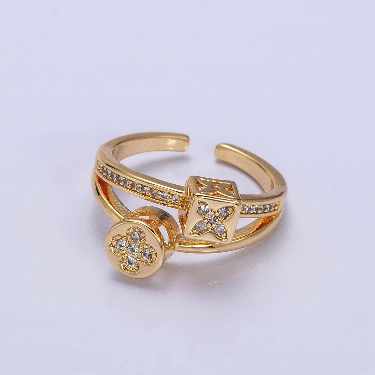 16K Gold Filled Flower Clover Quatrefoil Bead Double Band Micro Paved CZ Ring in Gold & Silver | O-1615 O-1616