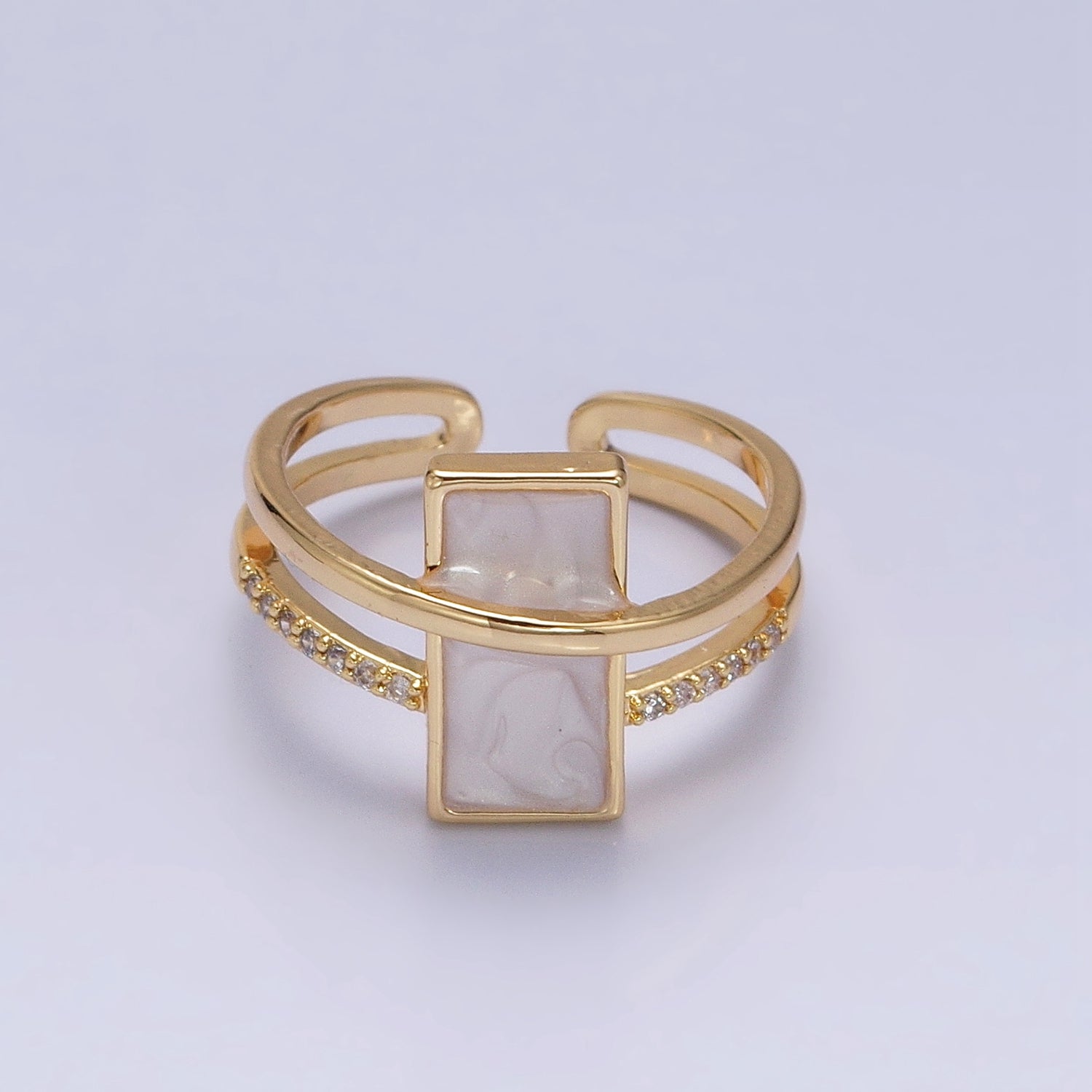 16K Gold Filled White Sparkly Enamel Bar Micro Paved CZ Double Band Ring in Gold & Silver | O-1617 O-1618