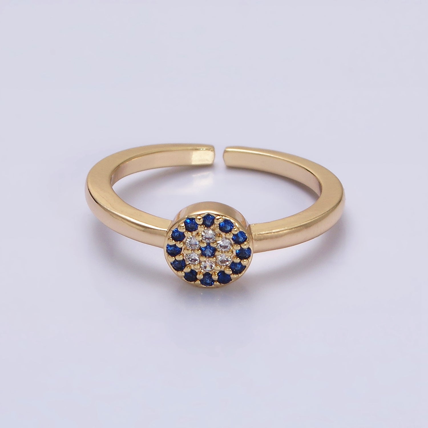 16K Gold Filled Blue Micro Paved CZ Round Evil Eye Adjustable Ring in Gold & Silver | O-1627 O-1628