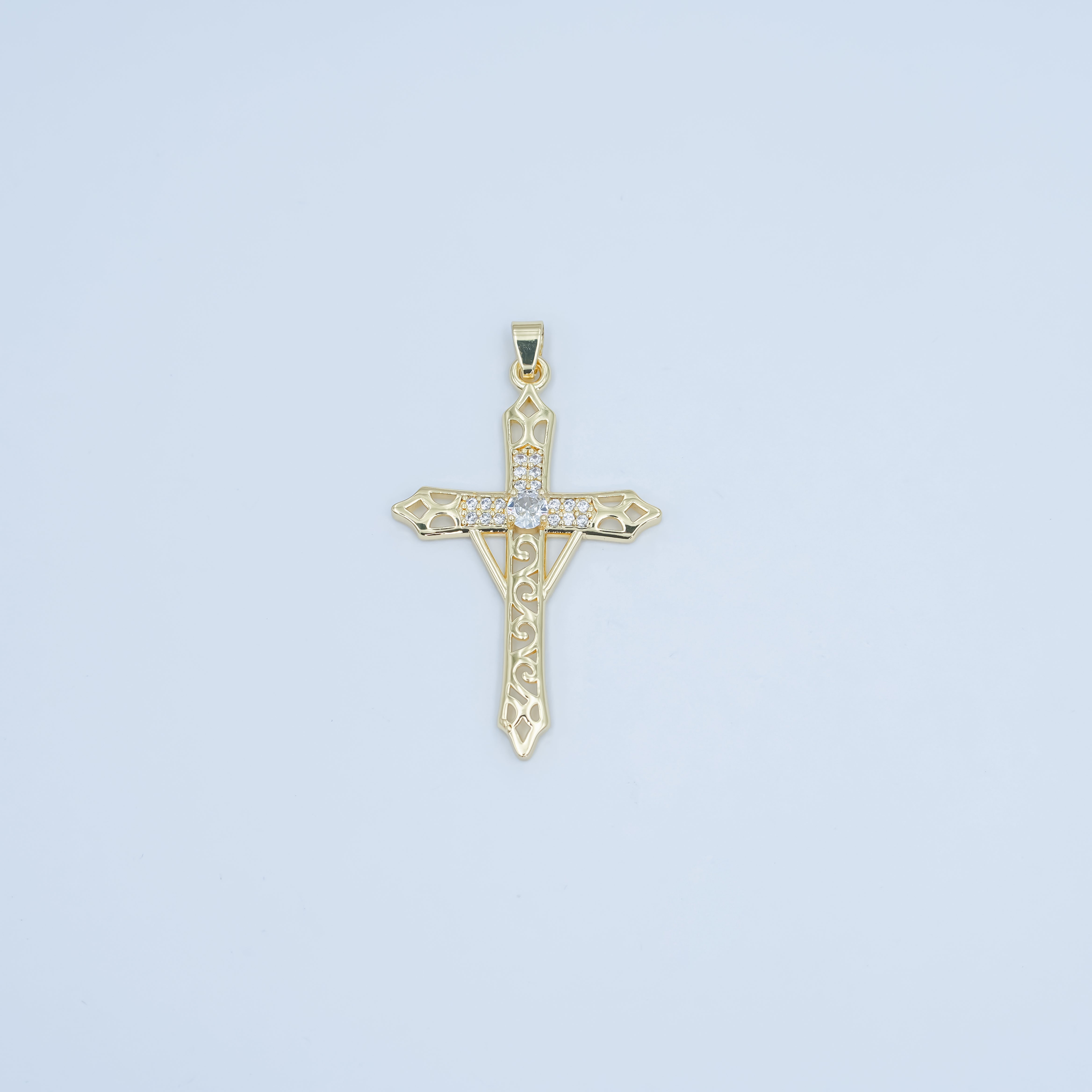 24K Gold Filled Clear CZ Micro Paved Geometric Filigree Cross Pendant | AA1505