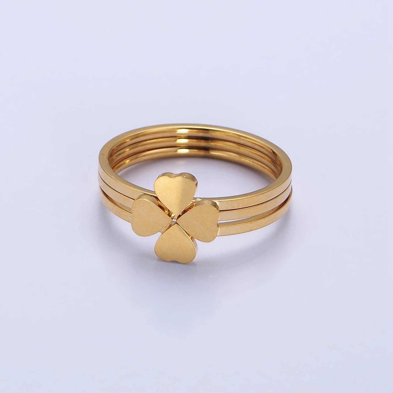 Stainless Steel Triple Heart Clover Quatrefoil Band Ring Set in Gold & Silver | AA1549, AA1556