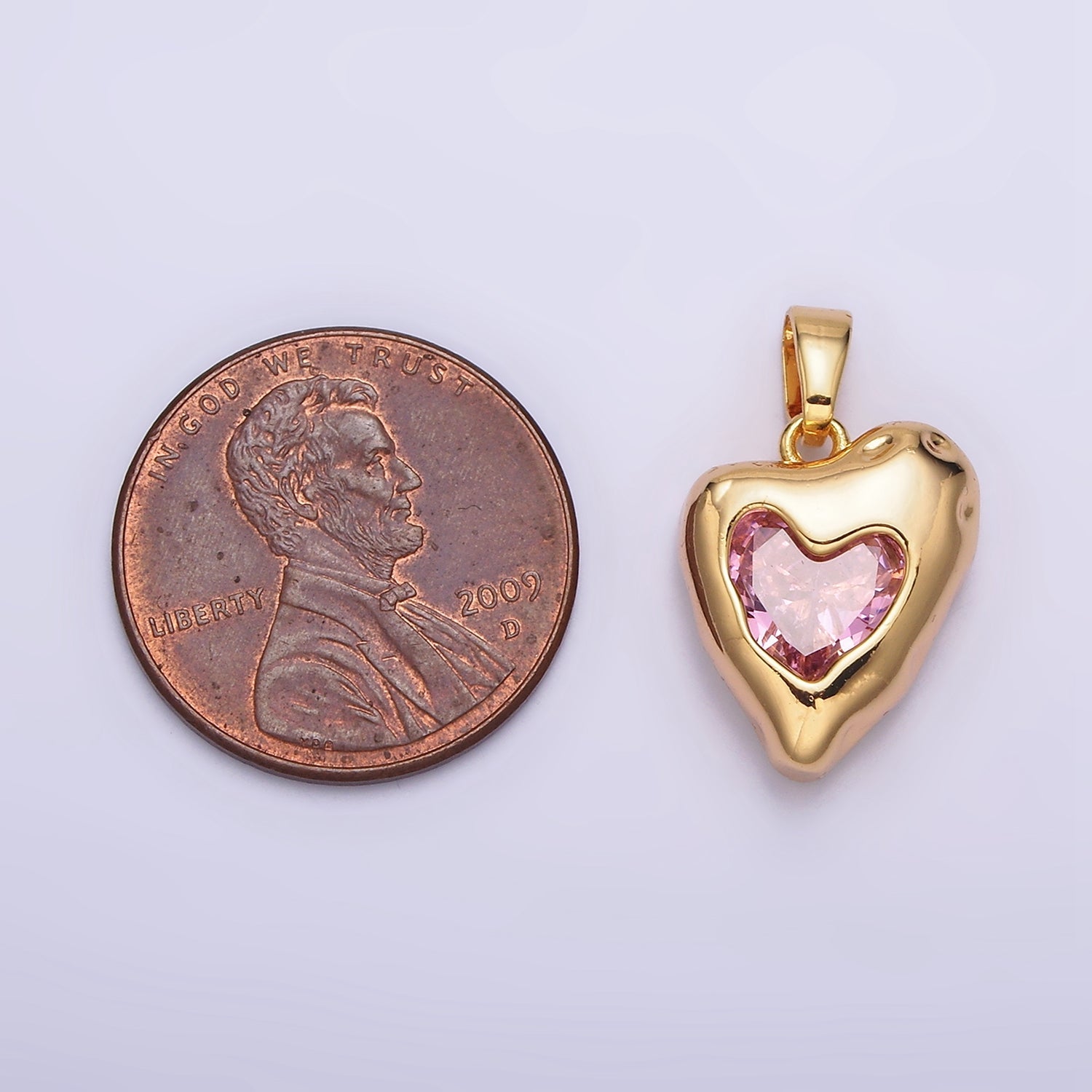 24K Gold Filled Clear, Pink CZ Molten Heart Pendant | AA-592 AA-593