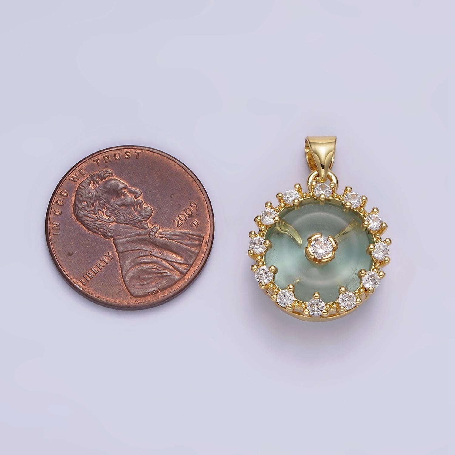 14K Gold Filled Natural Gemstone Fluorite Donut Clear CZ Round Outline Pendant | AA606 - DLUXCA