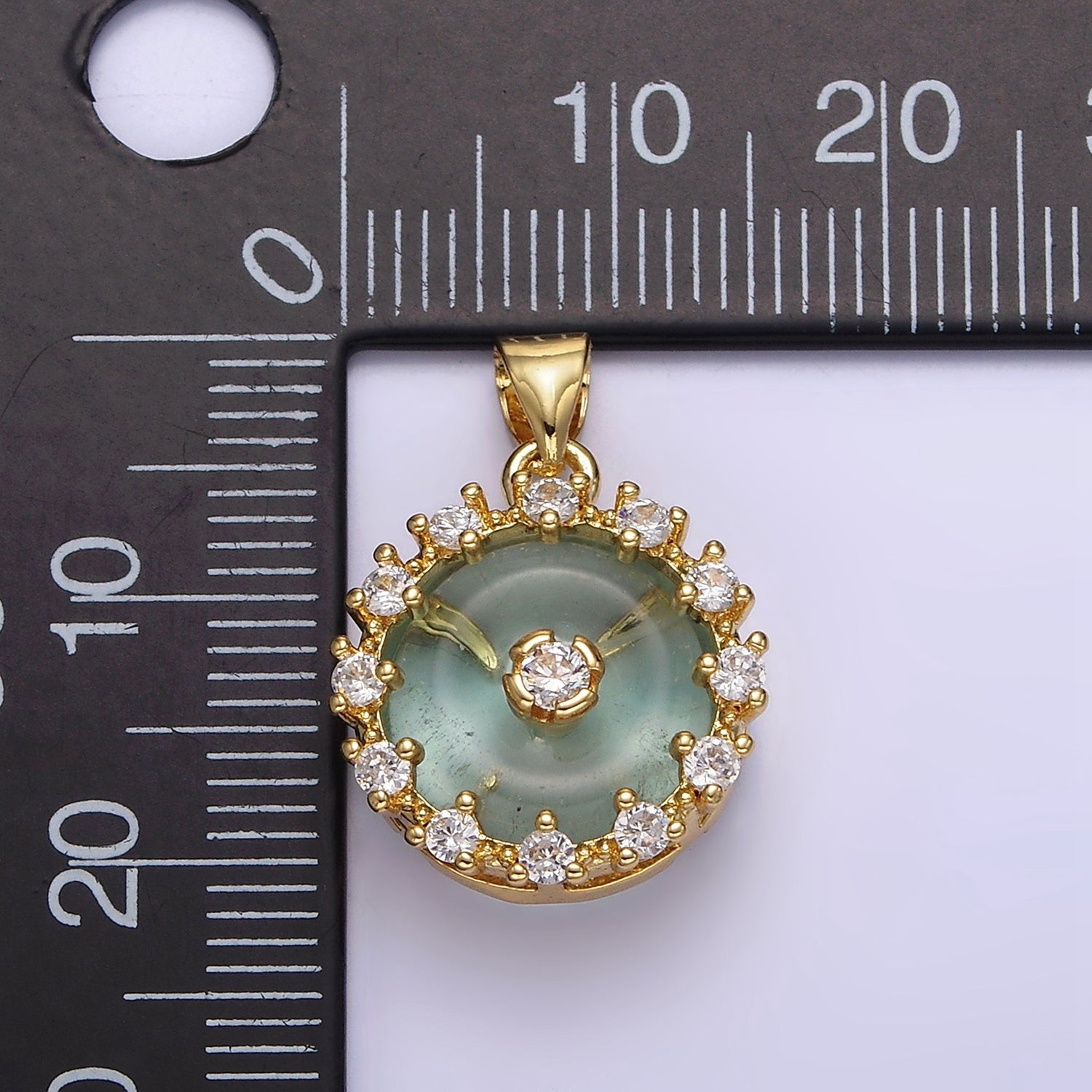 14K Gold Filled Natural Gemstone Fluorite Donut Clear CZ Round Outline Pendant | AA606 - DLUXCA