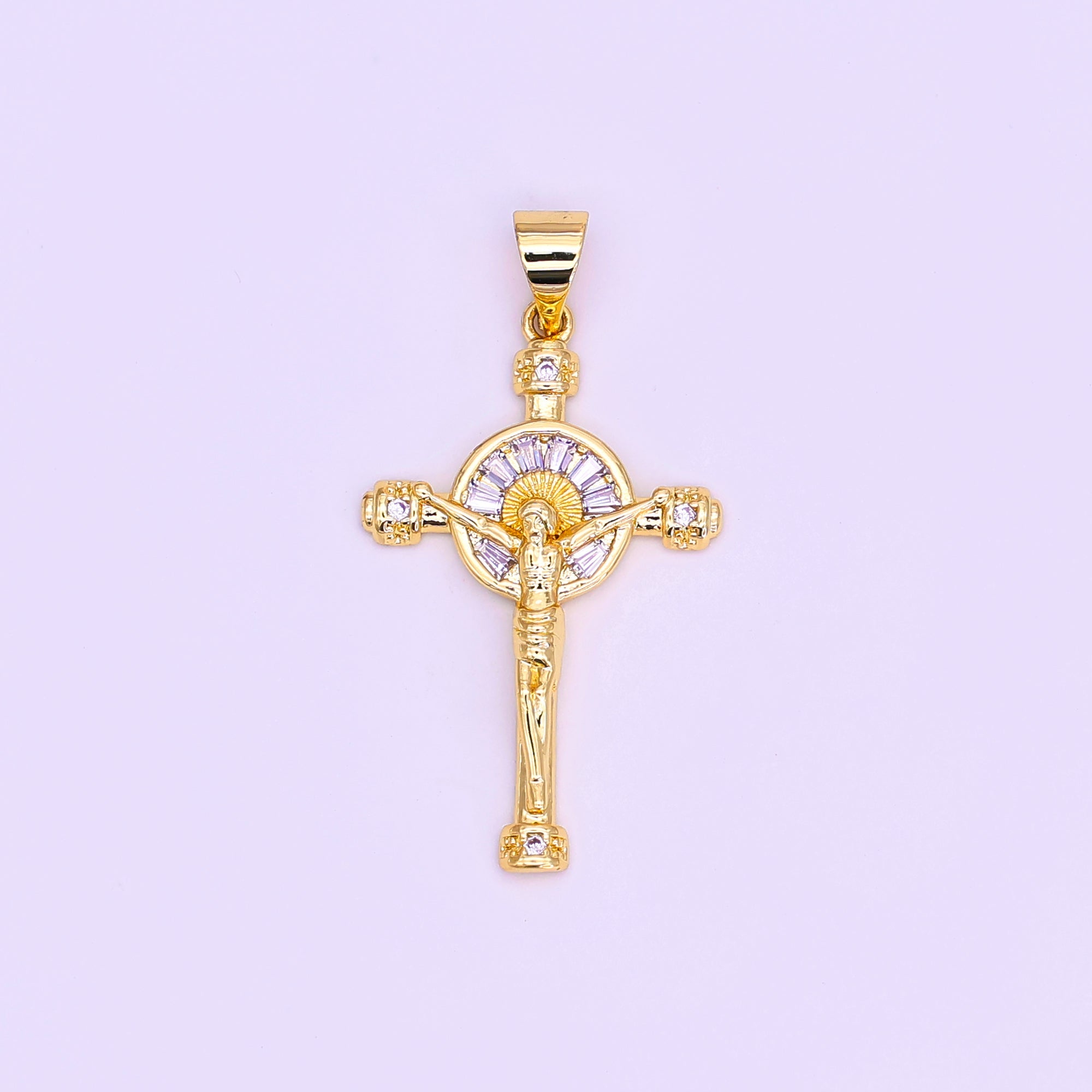 14K Gold Filled Clear Baguette Sun Ray Round Crucifix Cross Pendant | AA611