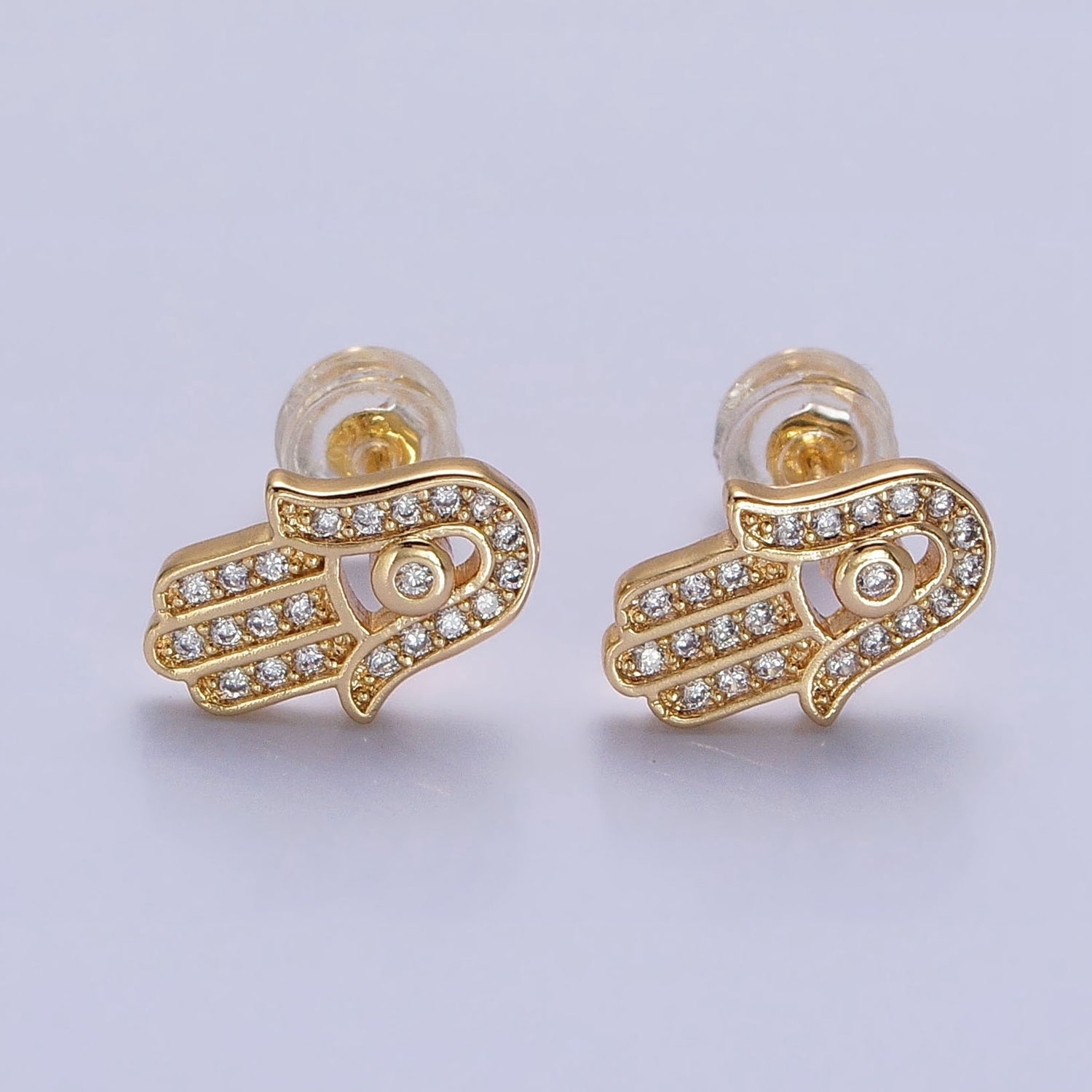 Gold, Silver Micro Paved Clear CZ Protection Hamsa Hand Evil Eye Stud Earrings | AB1012 AB1013