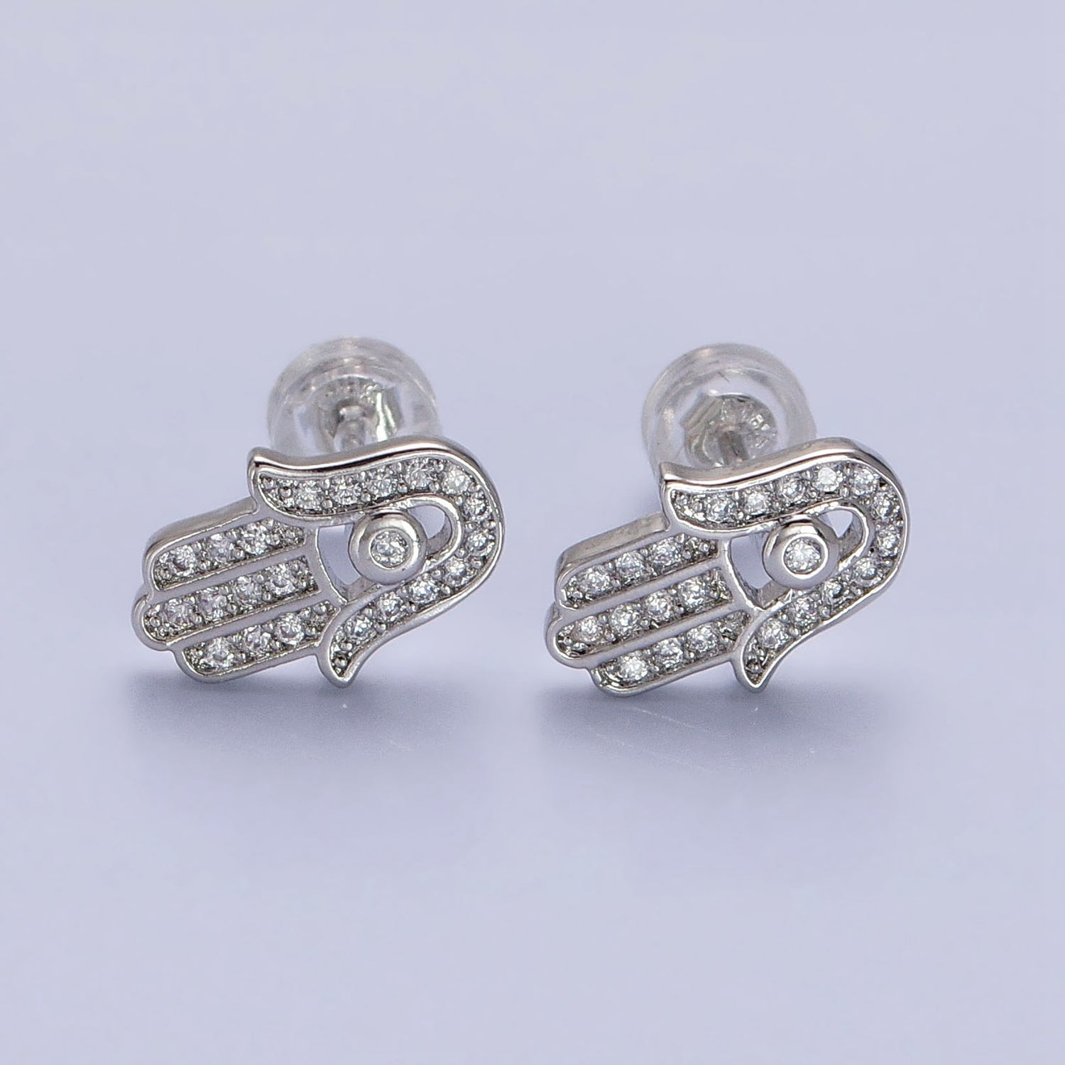 Gold, Silver Micro Paved Clear CZ Protection Hamsa Hand Evil Eye Stud Earrings | AB1012 AB1013