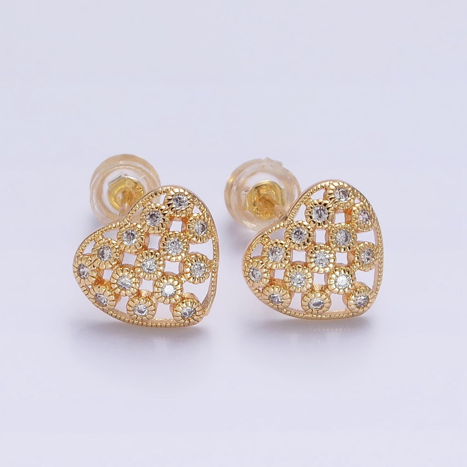 14K Gold Filled 10mm Clear CZ Lined Open Heart Stud Earrings in Gold & Silver | AB1014 AB1015