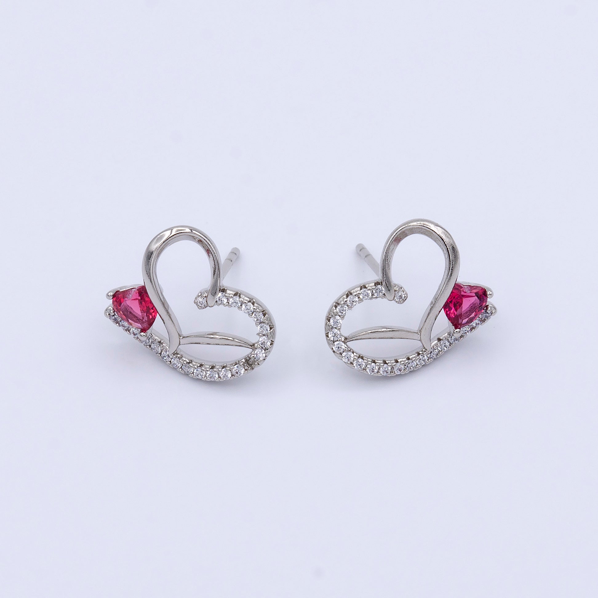 Silver Open Heart Fuchsia CZ Micro Paved Stud Earrings | AB1021 - DLUXCA